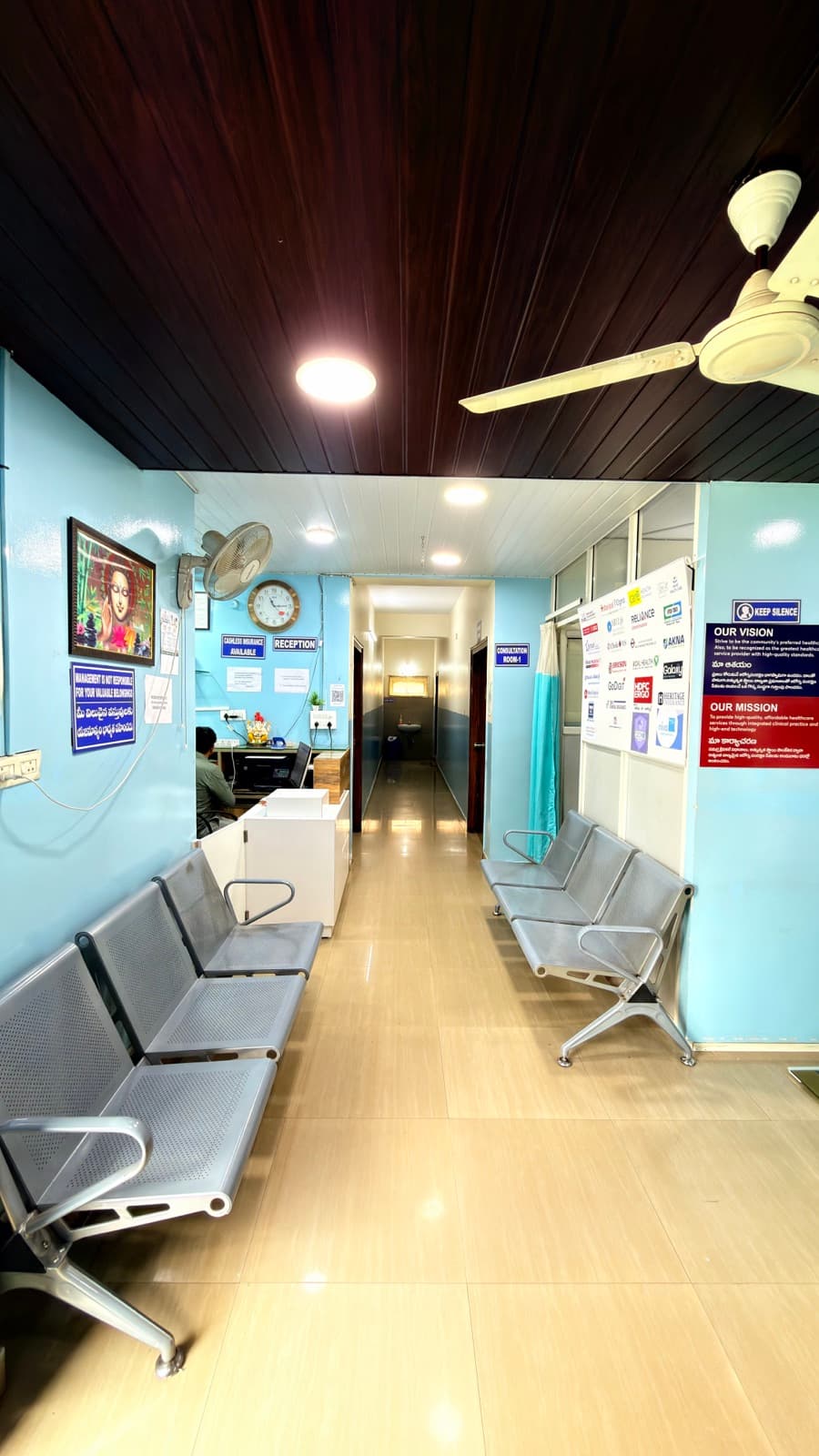 The waiting area, and the panel of insurers we work with.